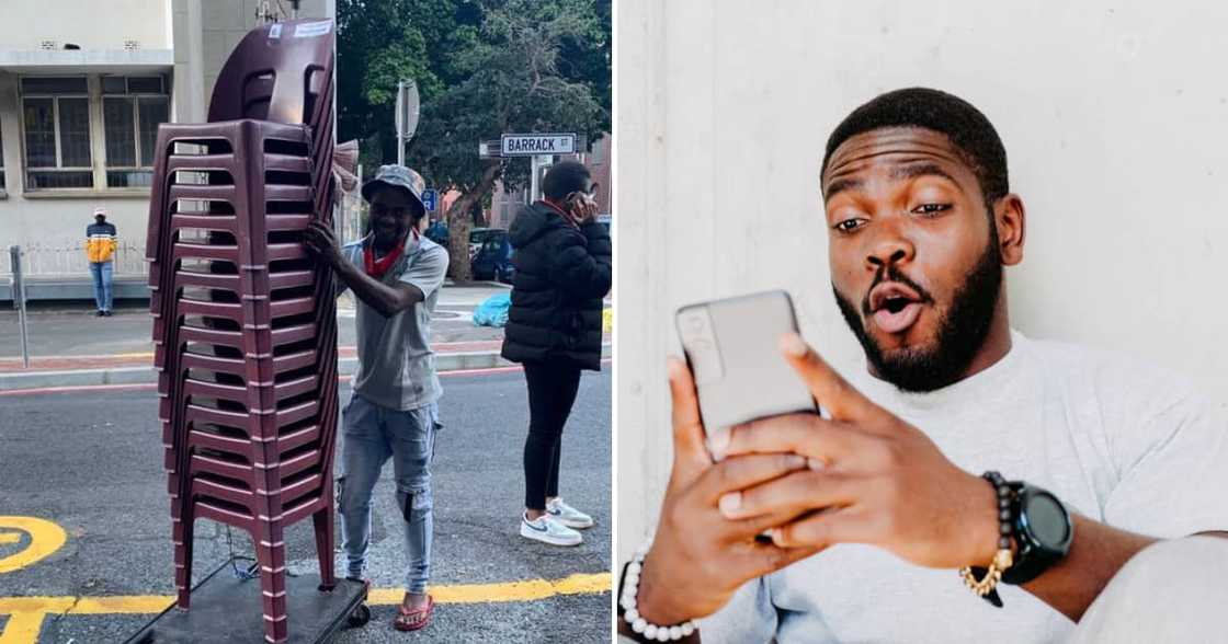 A man is renting out plastic chairs to those waiting in Home Affairs lines A man is renting out plastic chairs to those waiting in Home Affairs lines