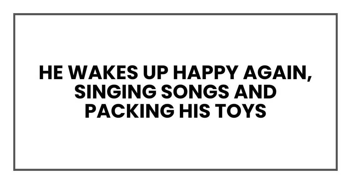 He wakes up happy again, singing songs and packing his toys He wakes up happy again, singing songs and packing his toys