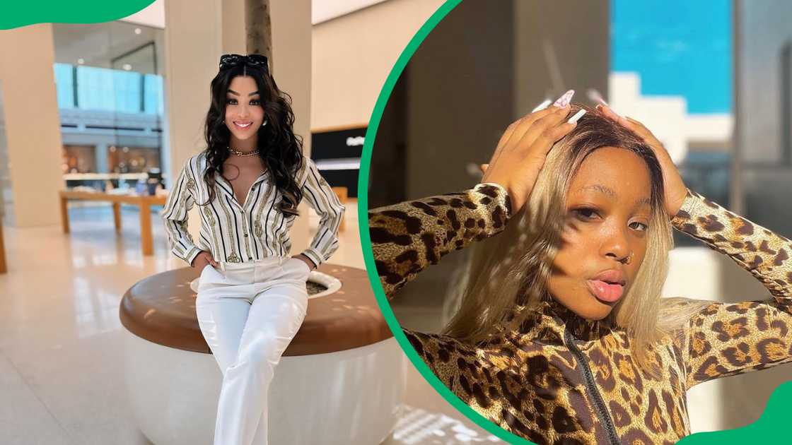 Khanyi mbau in white pants and a striped shirt and Khanukani Mbau in an animal-print outfit