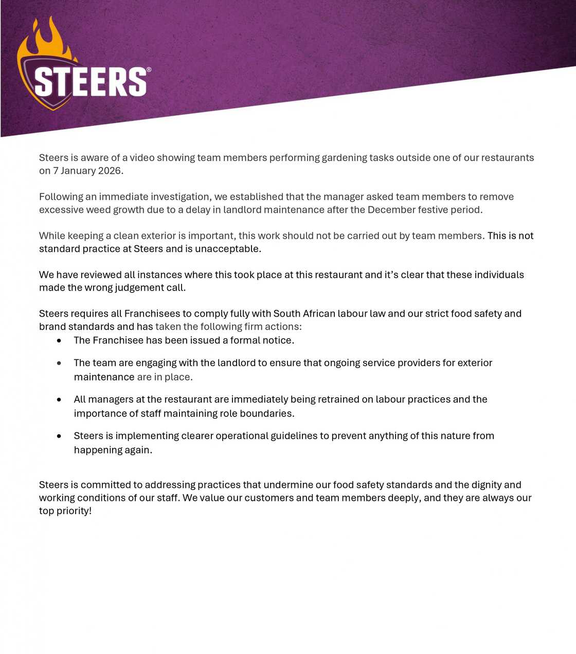 Steers released a statement. Steers released a statement.