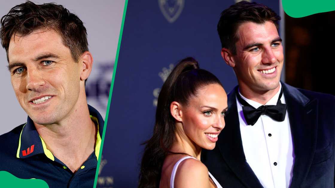 Pat Cummins at a 2025 cricket event in Sydney (L). The cricketer and his wife, Becky Boston, at the 2020 Cricket Australia Awards (R)
