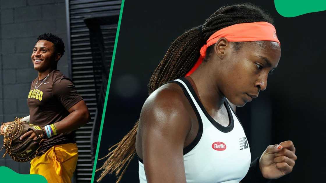 Codey during a baseball match (L). Coco Gauff at the 2023 Australian Open (R)