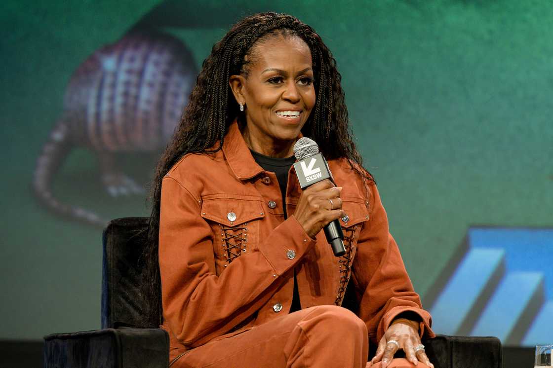 Michelle Obama speaks on stage during IMO Live podcast SXSW Conference and Festival at Austin Convention Centre