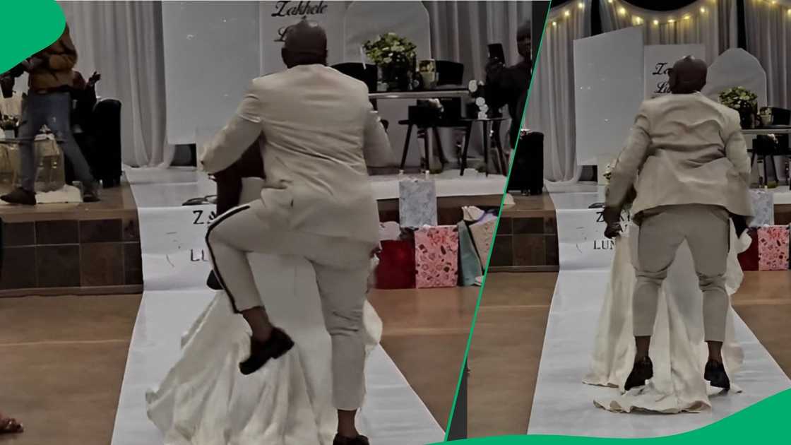 TikTok shows groom dancing on bride's dress at wedding TikTok shows groom dancing on bride's dress at wedding
