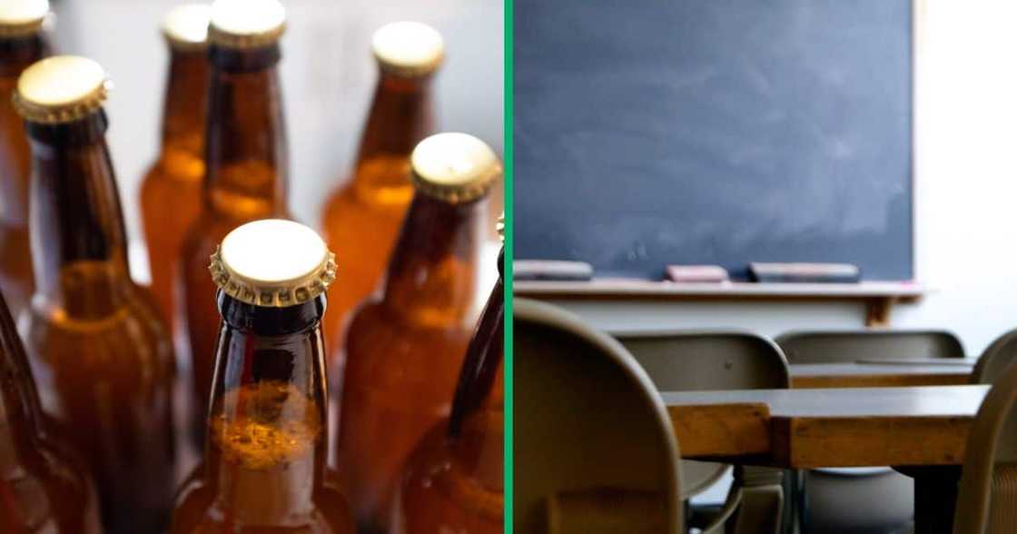 A picture of beer bottles and an empty classroom