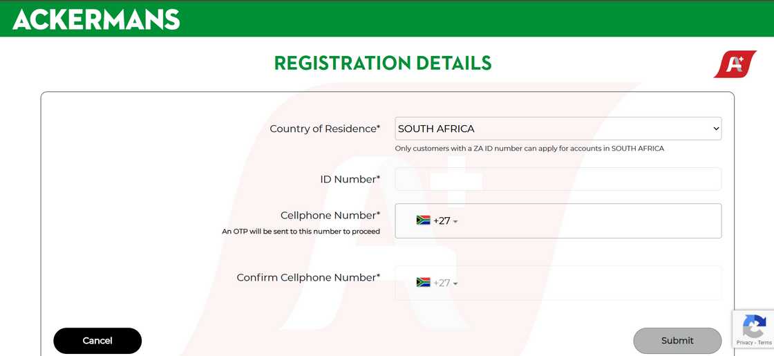 Ackermans account registration page