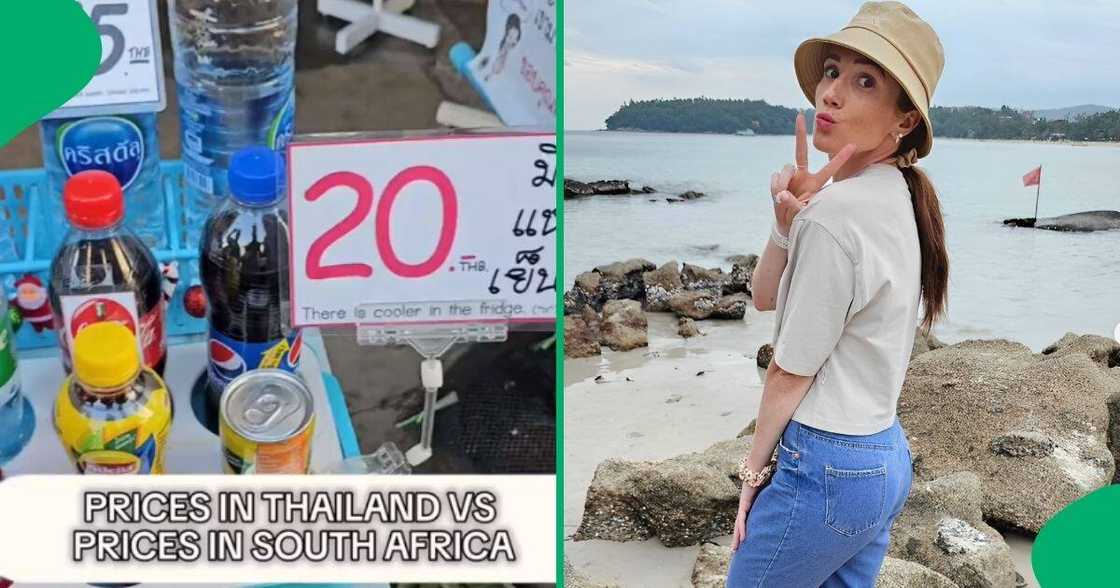A woman compared prices of food and drinks in Thailand and South Africa A woman compared prices of food and drinks in Thailand and South Africa