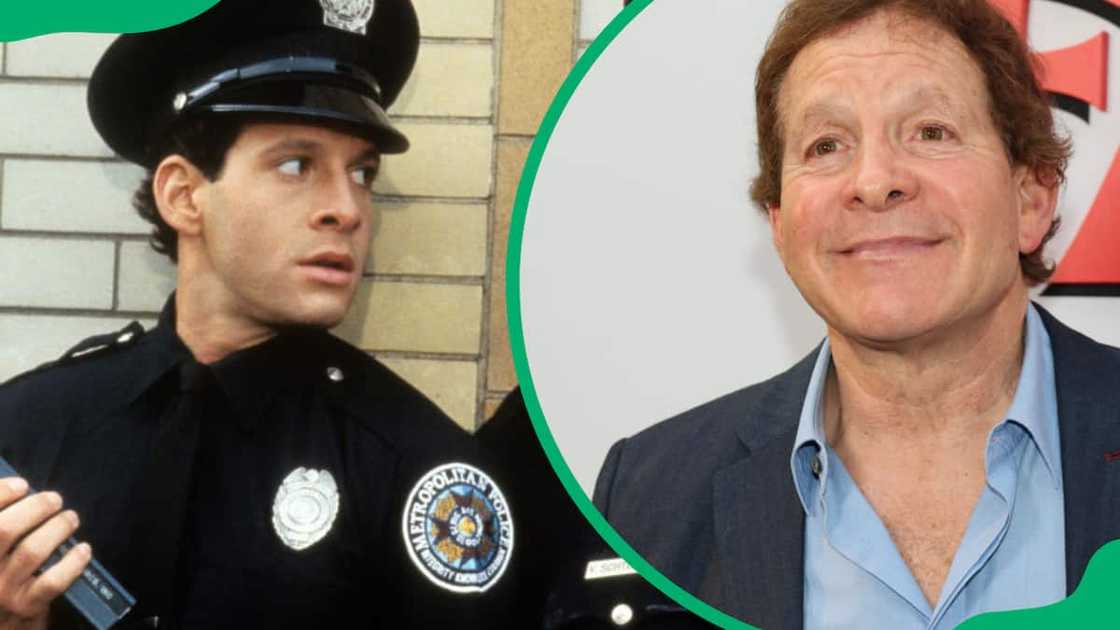 Steve Guttenberg from a scene of Police Academy 2 and him at an event in 2023 Steve Guttenberg from a scene of Police Academy 2 and him at an event in 2023