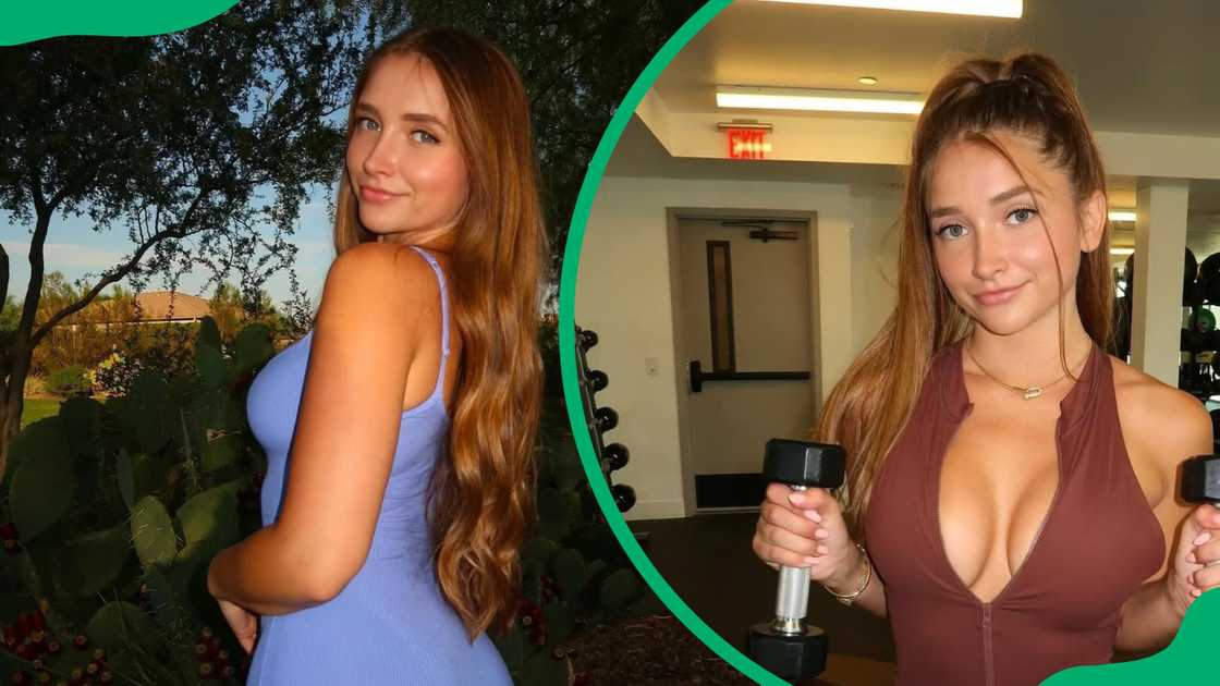 Skylar Mae poses in a blue dress and in brown gym wear Skylar Mae poses in a blue dress and in brown gym wear