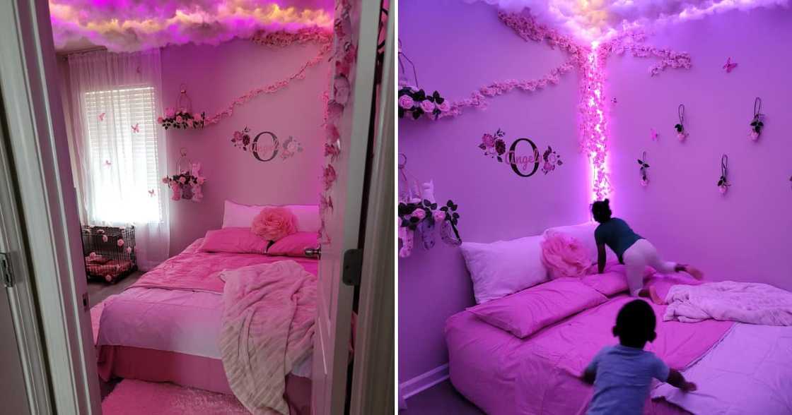The mom made her daughter happy with the pink bedroom The mom made her daughter happy with the pink bedroom