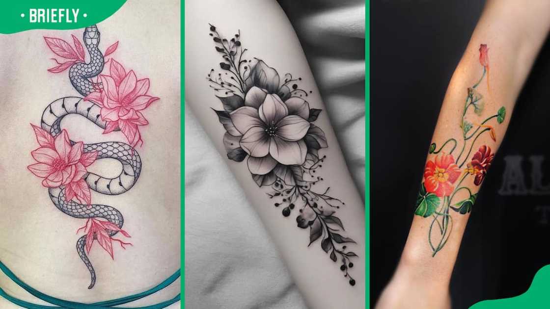 Snake and flower (L), black and white (C), and colourful flower tattoos (R) Snake and flower (L), black and white (C), and colourful flower tattoos (R)