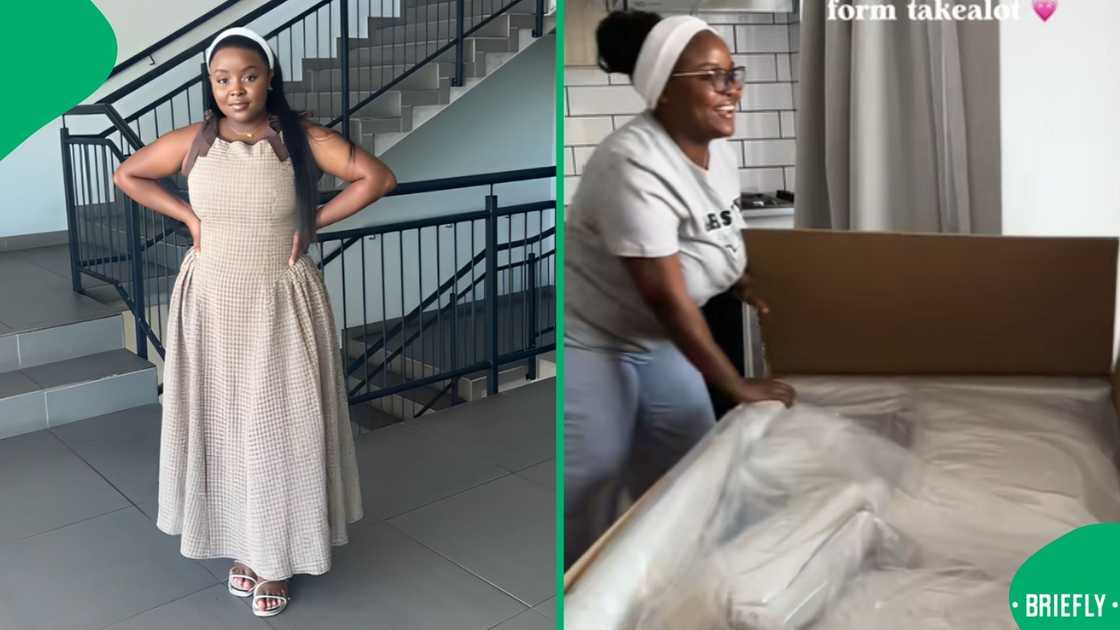 The woman bought a couch from the online store and unboxed it for her followers The woman bought a couch from the online store and unboxed it for her followers