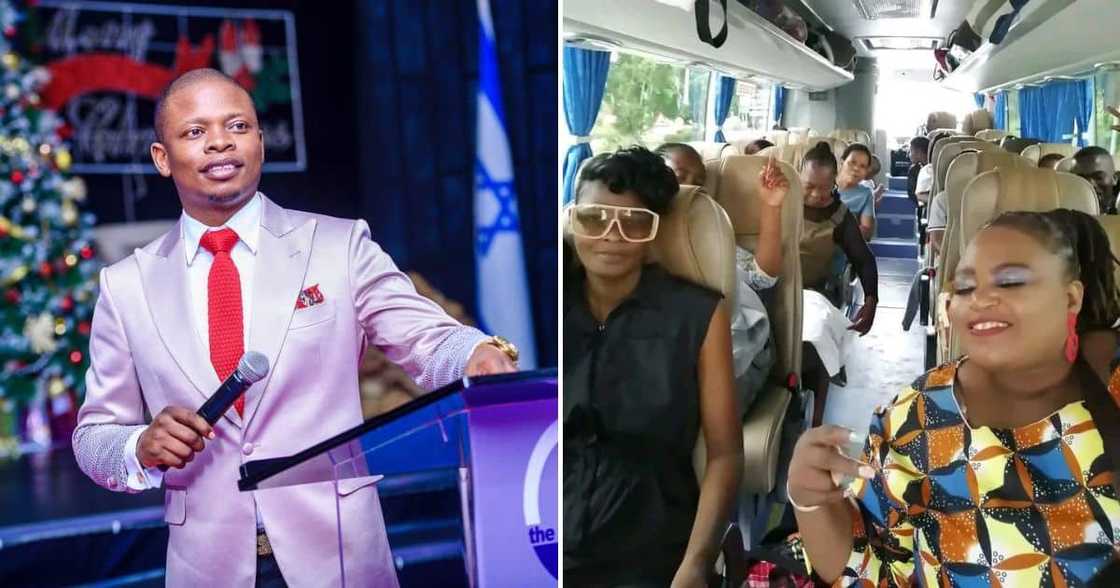 Peeps board a bus to go see Shepherd Bushiri