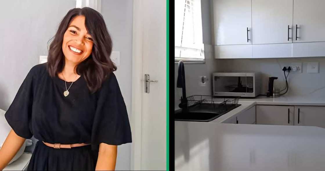 A TikTok video shows a woman unveiling her stunning kitchen.