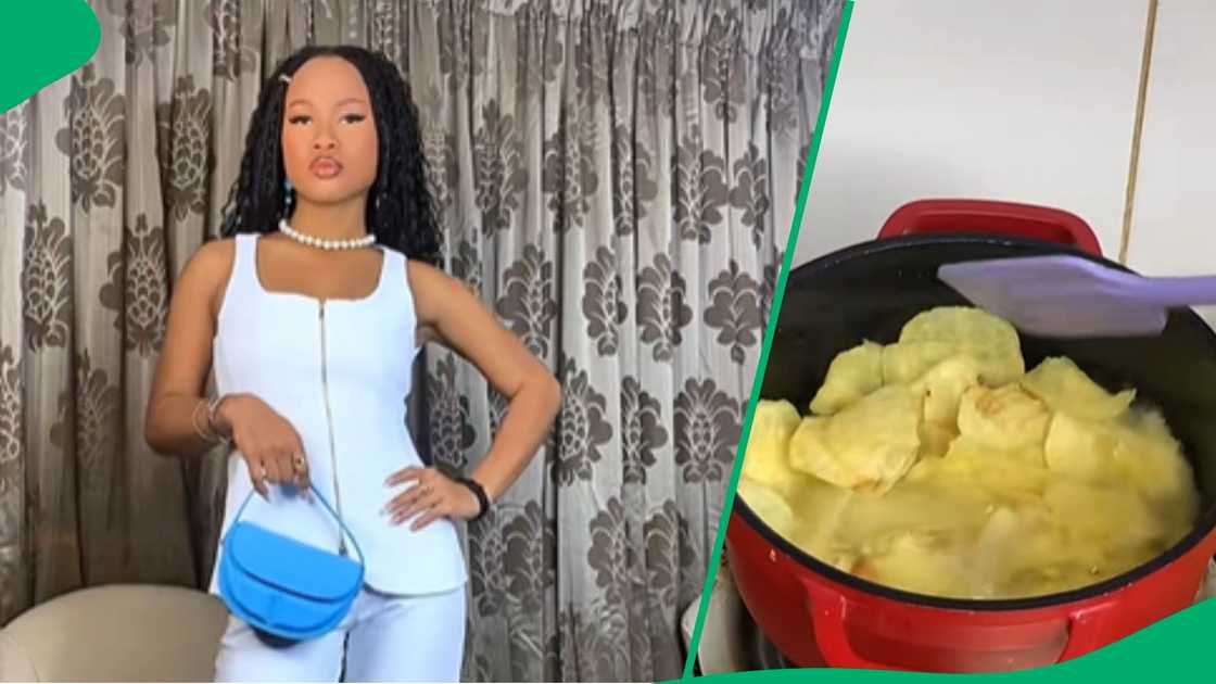 Woman cook potato chips Woman cook potato chips