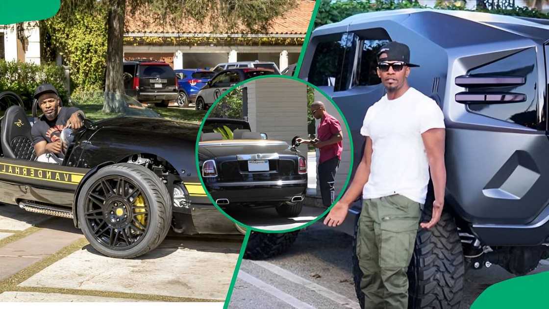 Jamie driving his Vanderhall Venice (L). The actor driving his Rolls-Royce Phantom (C). Jamie pauses with his Rezvani Tank (R)