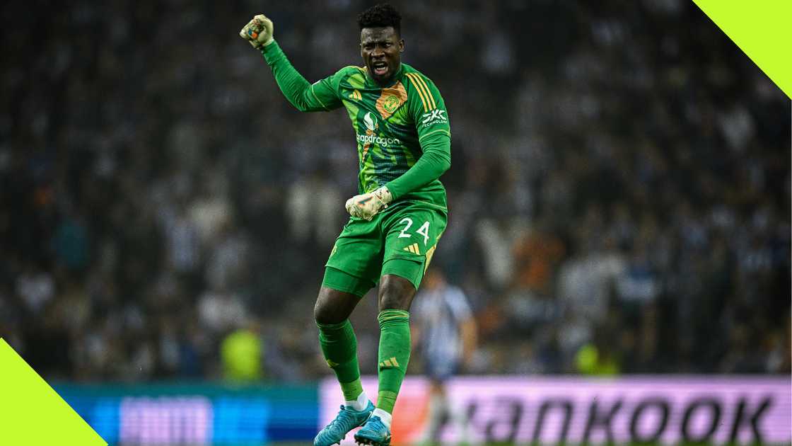 Andre Onana celebrates Manchester United's late equaliser against Porto in the Europa League.