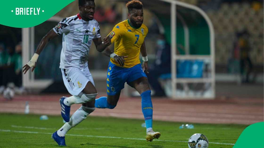 Aaron Boupendza and Daniel Amartey battle for the ball during Gabon vs Ghana tie at AFCON 2021 in Cameroon. Aaron Boupendza and Daniel Amartey battle for the ball during Gabon vs Ghana tie at AFCON 2021 in Cameroon.
