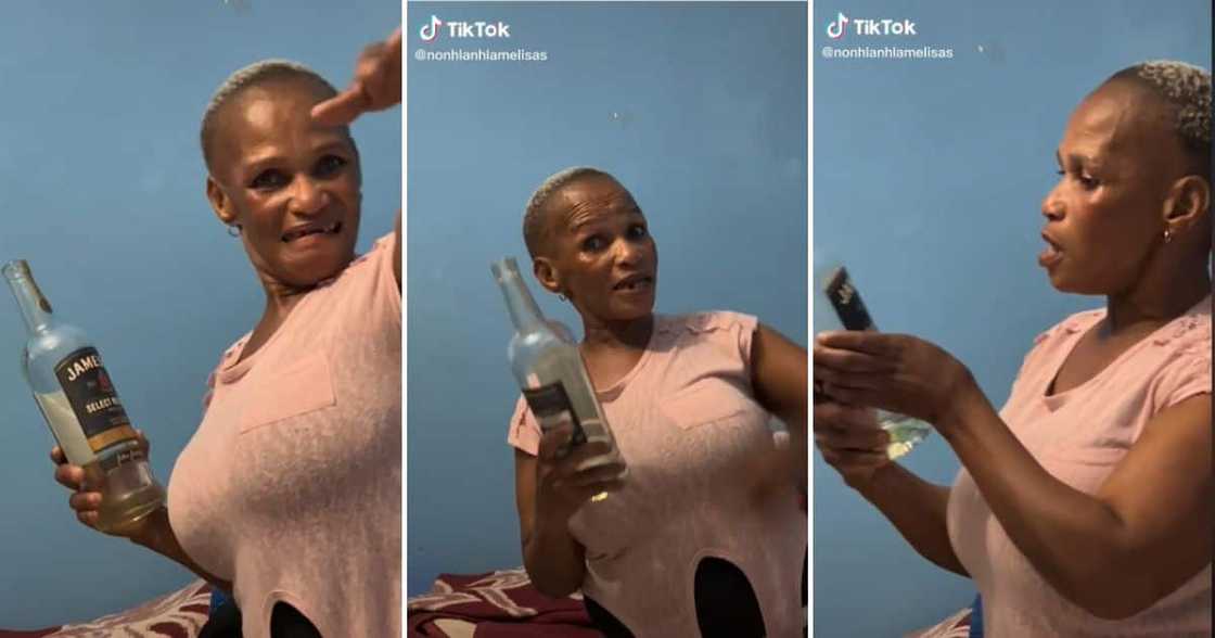 Lady jiving with booze bottle