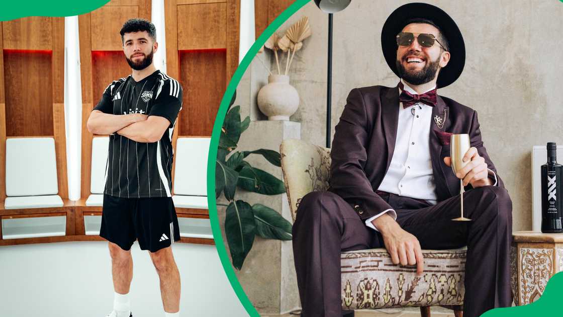 Zerkaa in a footbal jersy and suit