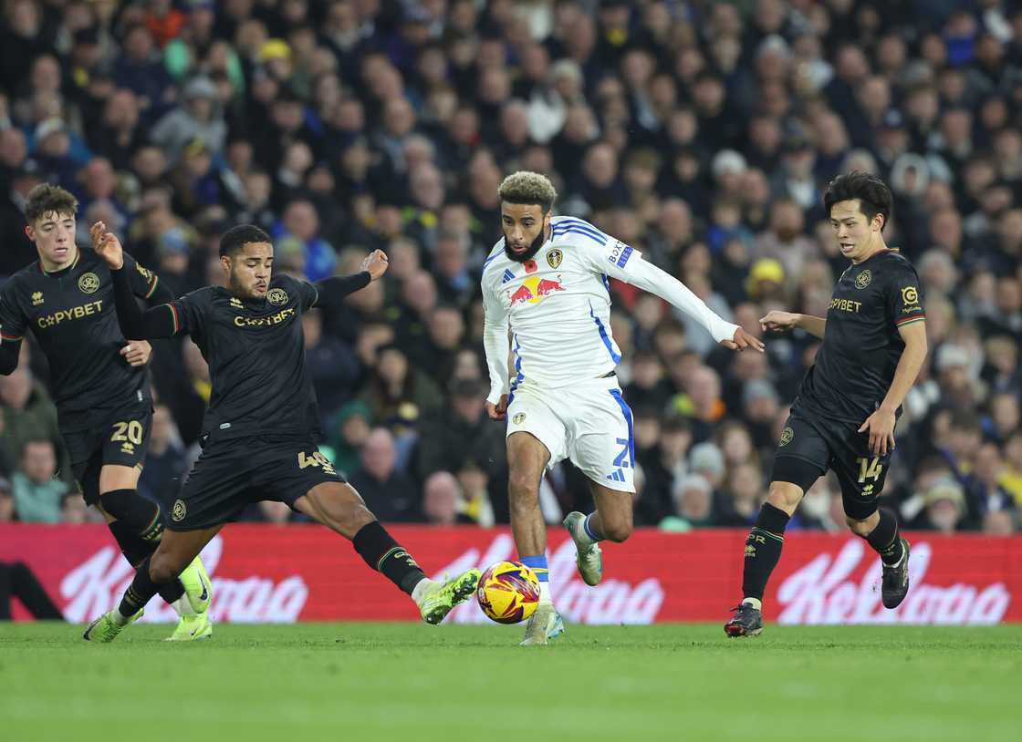 Jayden Bogle, Loki Saito and Jonathan Varane at Elland Road