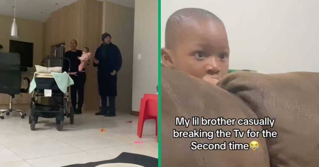 Toddler breaks the TV again leaving parents speechless.