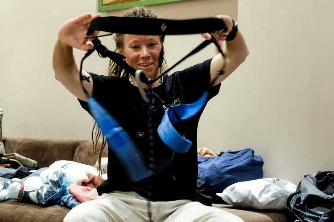 Kristin Harila checks her equipment at a hotel in Kathmandu, Nepal near the begining of her quest to climb the world's 14 "super peaks" in the fastest time