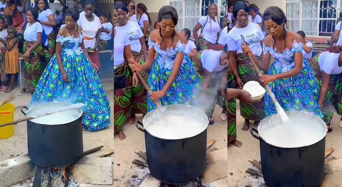 Photos of a bride cooking food on her wedding day.