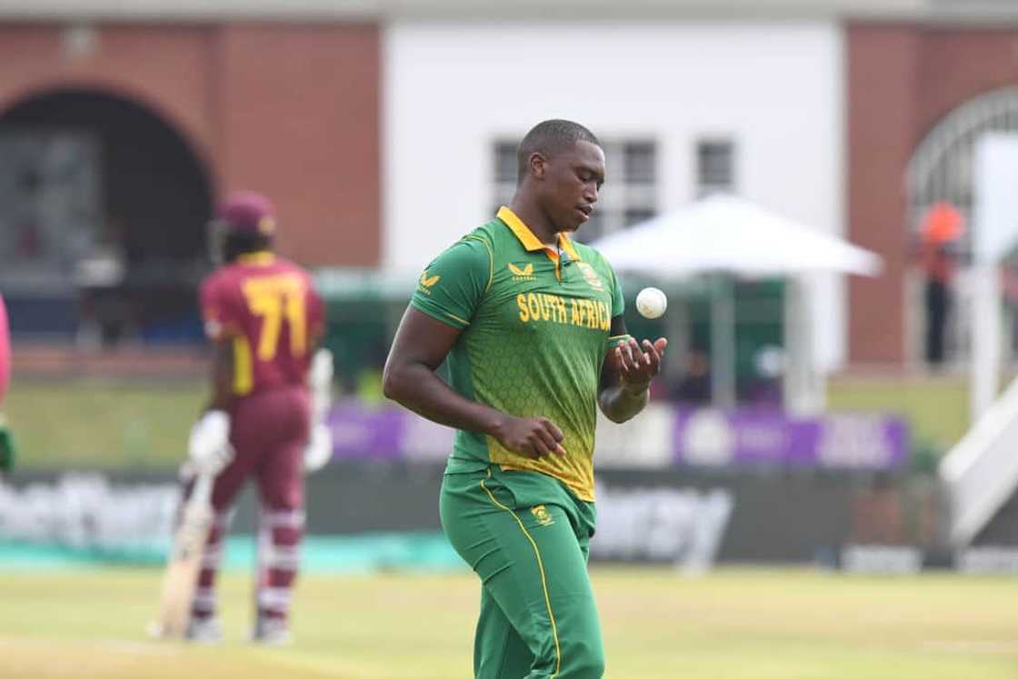 Lungi Ngidi during a Betway ODI match between South Africa and West Indies at JB Marks Oval in March 2023.