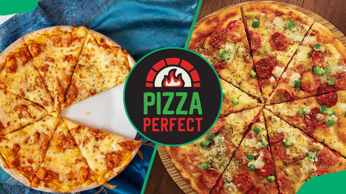 Different types of pizza and a Pizza Perfect logo.