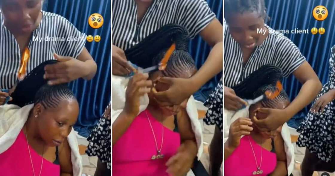 Hairdresser taking a flame to braids