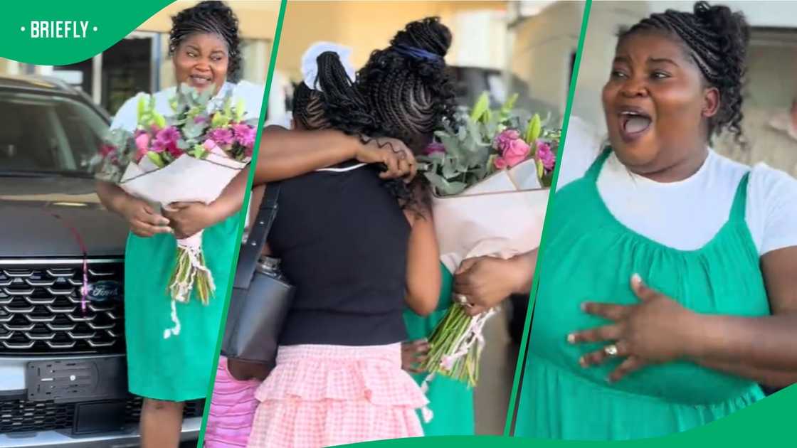 Woman gets emotional realising her husband's new car is for her. Woman gets emotional realising her husband's new car is for her.