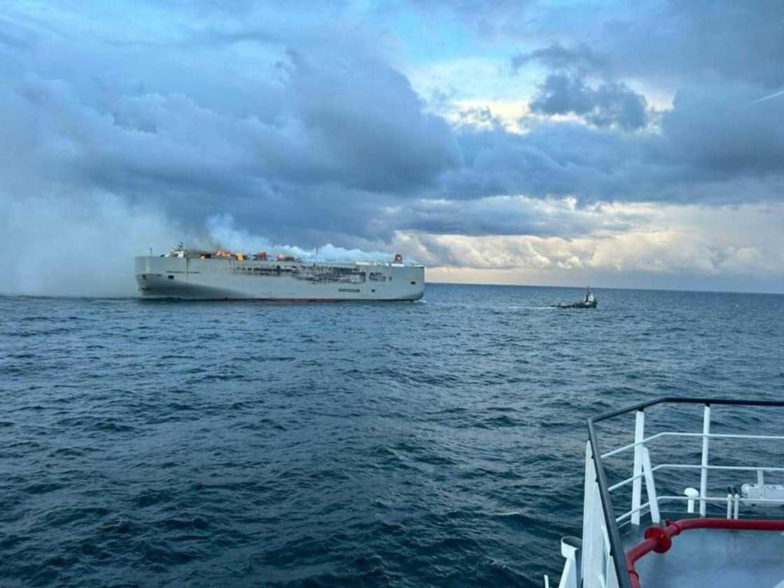 A fire was burning aboard a boat carrying cars off the Netherlands A fire was burning aboard a boat carrying cars off the Netherlands