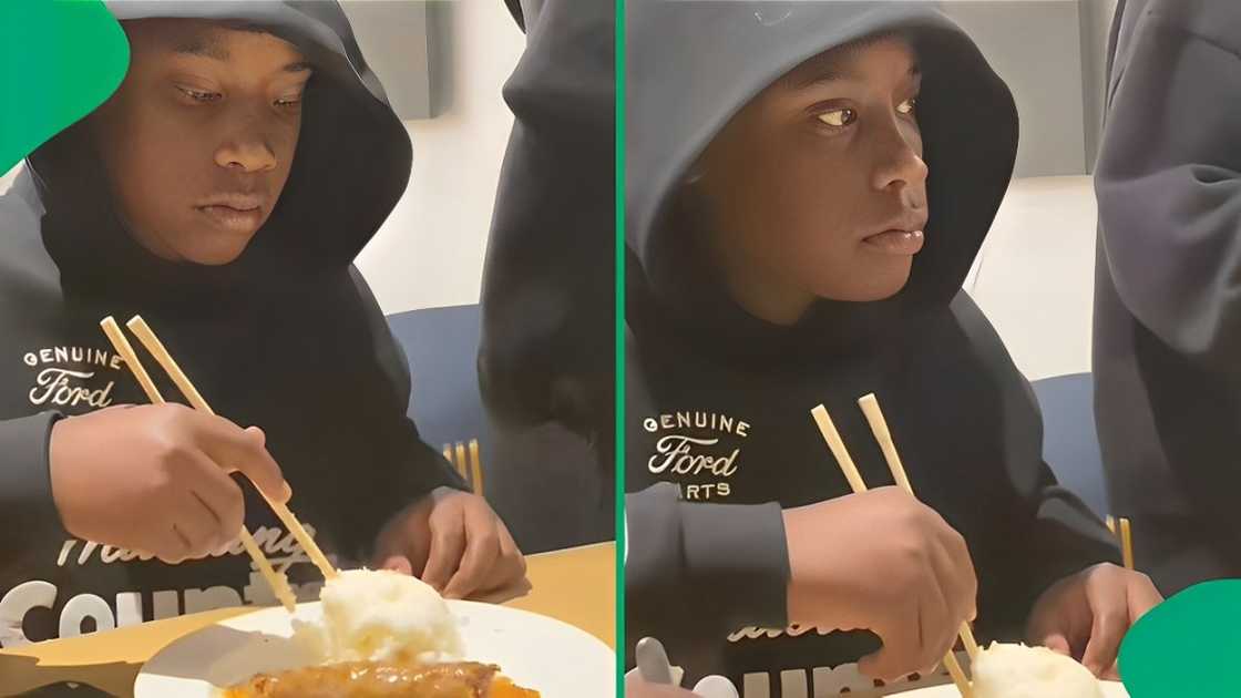 A TikTok video shows a little boy eating pap with chopsticks.