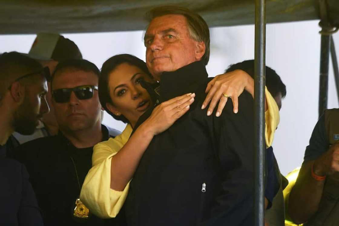 Brazilian President Jair Bolsonaro with his wife Michelle at the launch of his re-election campaign in Juiz de Fora, in the state of Minas Gerais on August 16 2022 Brazilian President Jair Bolsonaro with his wife Michelle at the launch of his re-election campaign in Juiz de Fora, in the state of Minas Gerais on August 16 2022