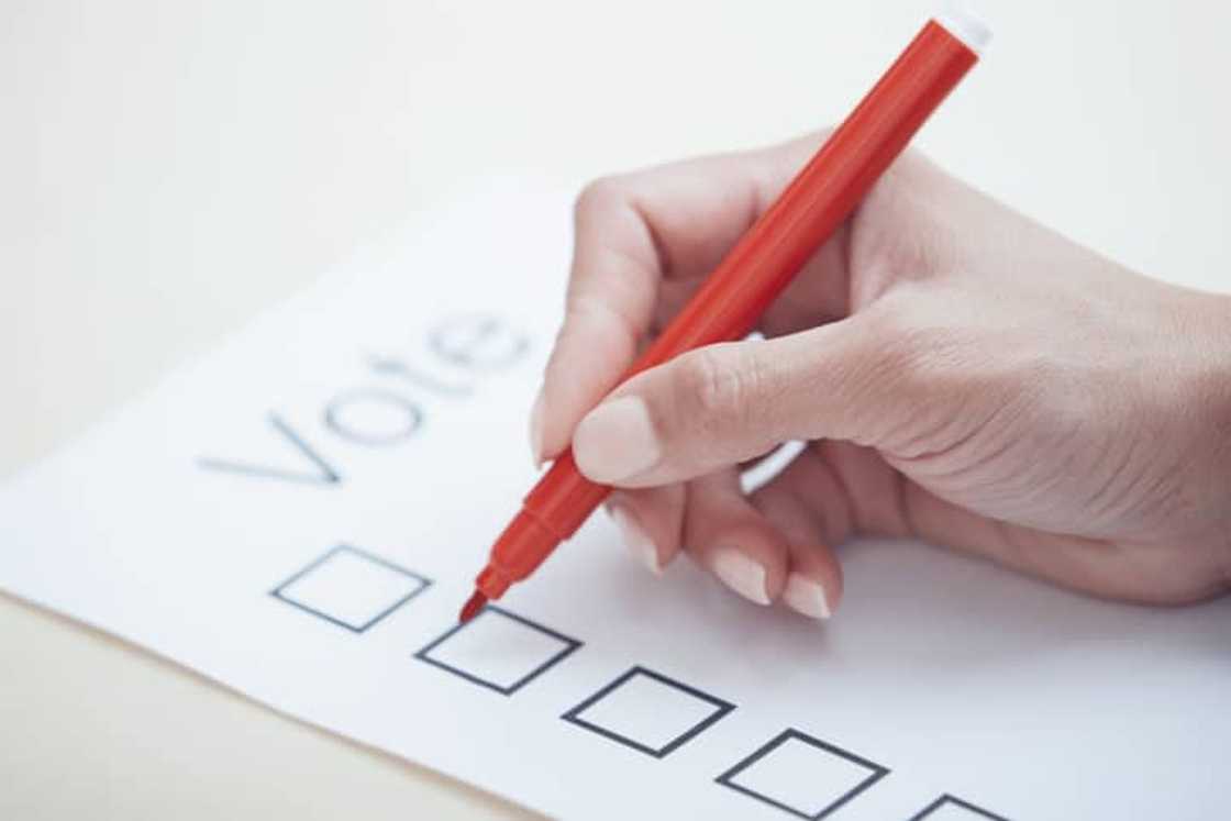 A person filling out a voting document