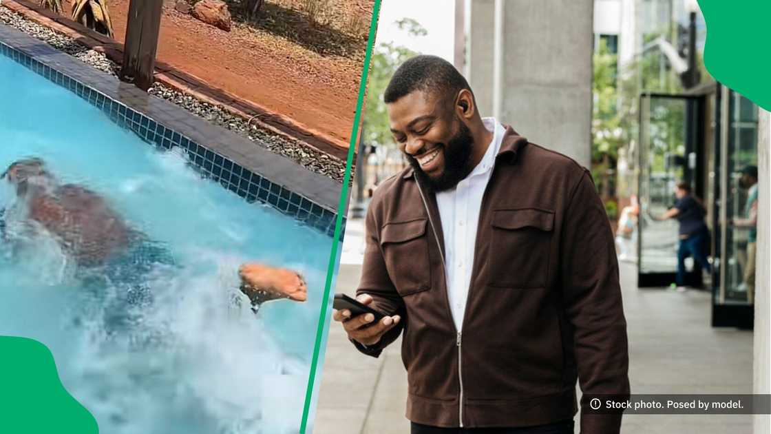 A TikTok video shows a man's hilarious swimming attempt. A TikTok video shows a man's hilarious swimming attempt.