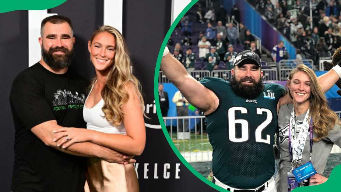 Jason and Kylie Kelce at the 2023 premiere of Kelce (L). The couple at a football game (R)