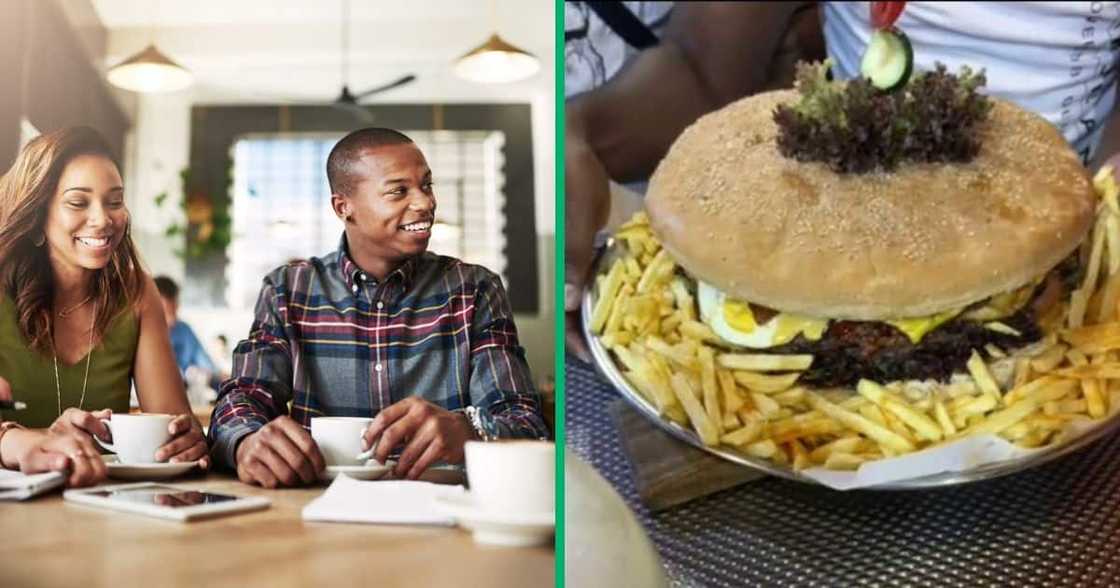 A woman showcased the huge burger she ordered along with her friends. A woman showcased the huge burger she ordered along with her friends.