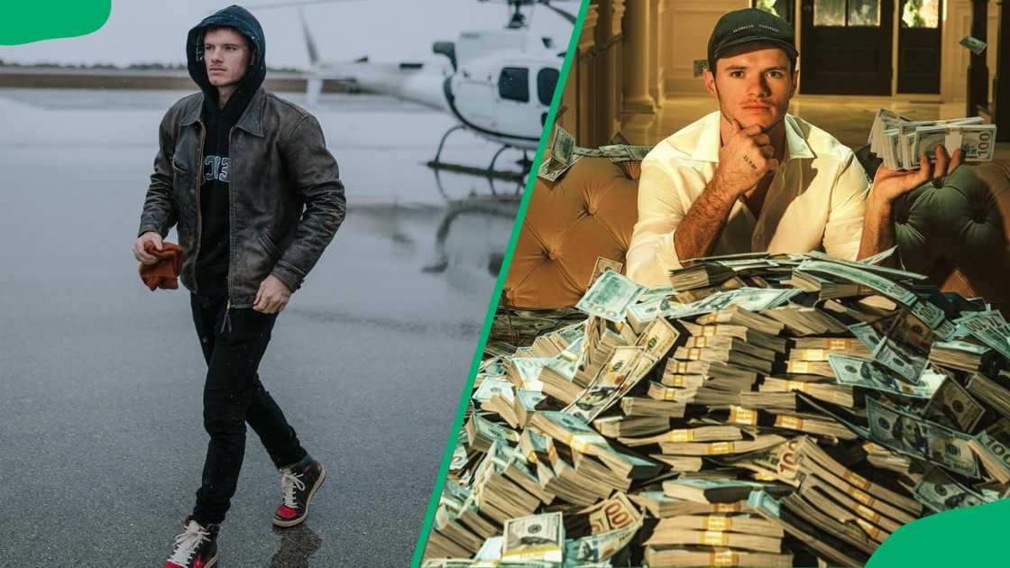 Cody walking away from a jet and sitting while covered with a pile of money Cody walking away from a jet and sitting while covered with a pile of money