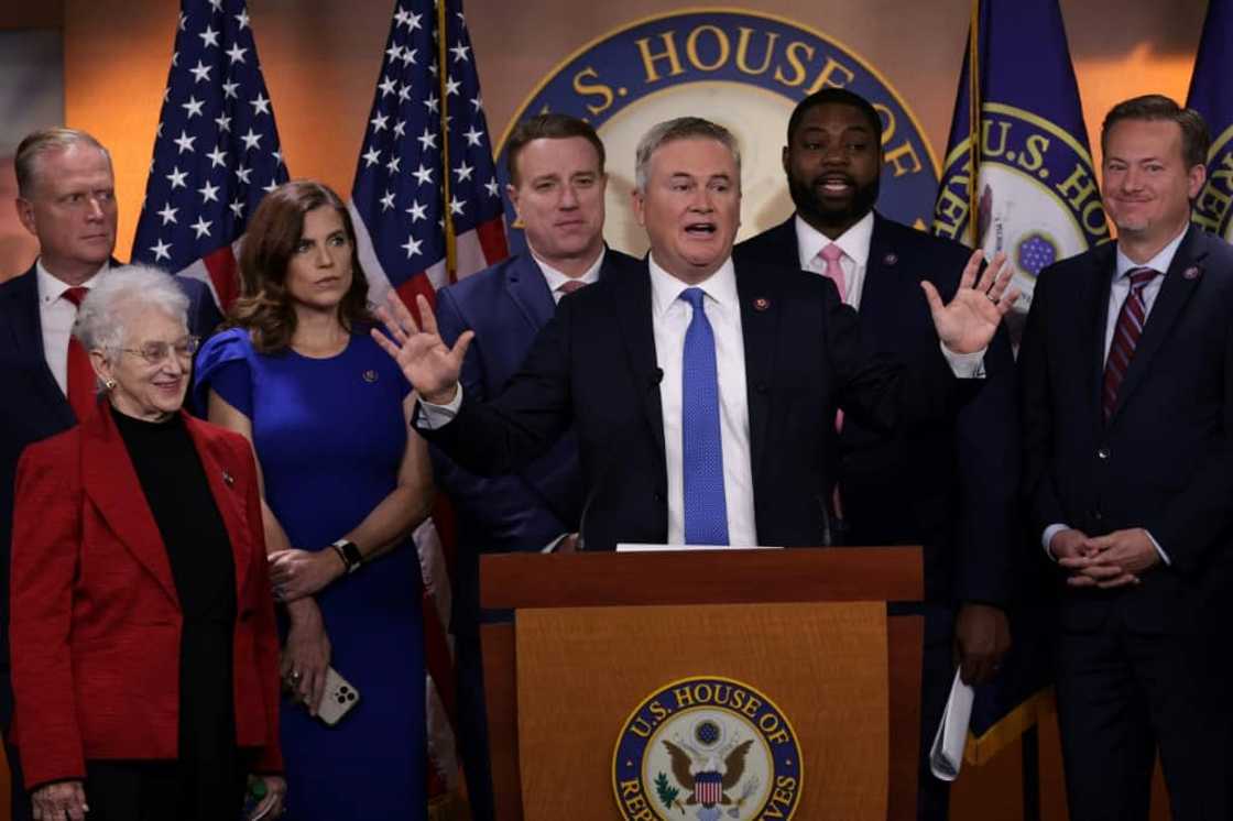Flanked by fellow House Republicans, US congressman James Comer of Kentucky lays out the investigations his party will conduct when it takes control of the House of Representatives on January 3, 2023 Flanked by fellow House Republicans, US congressman James Comer of Kentucky lays out the investigations his party will conduct when it takes control of the House of Representatives on January 3, 2023