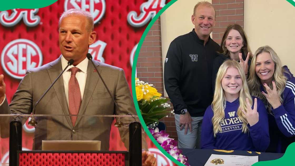 Head coach Kalen DeBoer during SEC Football Media Days in 2024 (L). The DeBoer family having a good time (R)