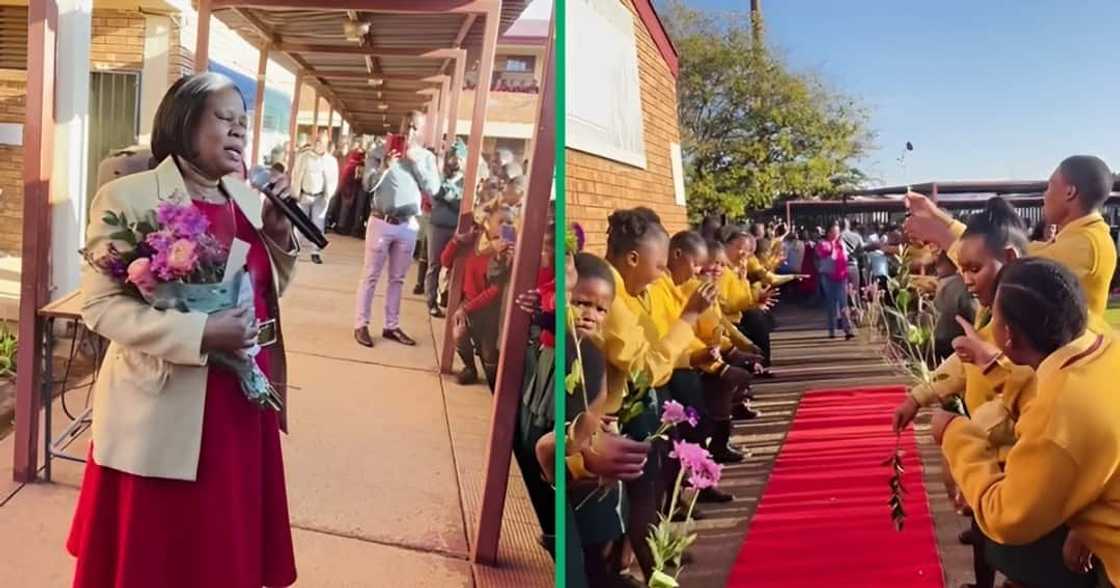 A school principal gave a speech at her farewell ceremony