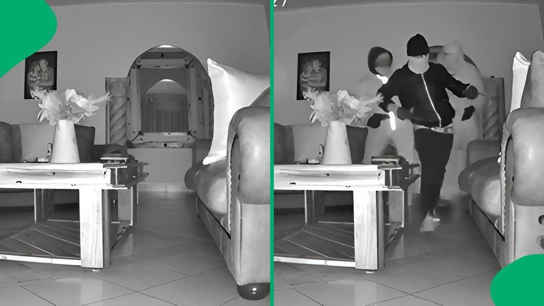 The shocking security camera shows the moment two house burglars were forced to flee a residence