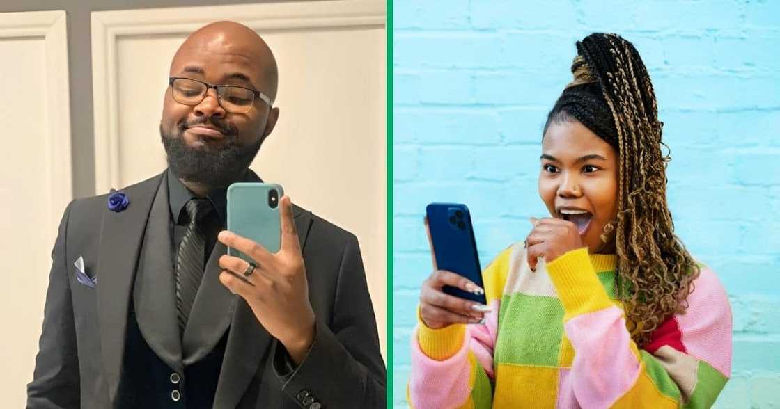 Man taking selfie, woman looking at phone.