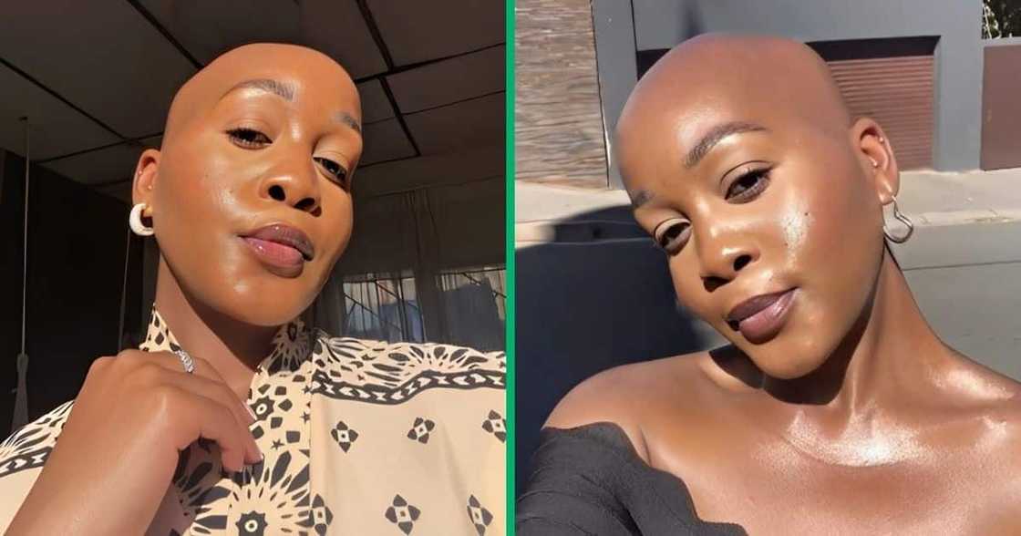 Bald, black woman poses for pictures. Bald, black woman poses for pictures.