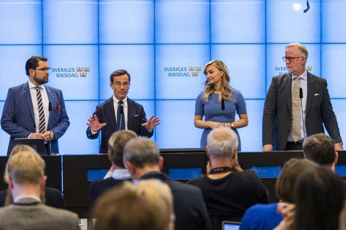 (L-R) Leader of the Sweden Democrats Jimmie Akesson, Leader of the Moderate party Ulf Kristersson, Leader of the Christian Democrats Ebba Busch and Leader of the Liberal party Johan Pehrson brief the media on the formation of a coalition government (L-R) Leader of the Sweden Democrats Jimmie Akesson, Leader of the Moderate party Ulf Kristersson, Leader of the Christian Democrats Ebba Busch and Leader of the Liberal party Johan Pehrson brief the media on the formation of a coalition government