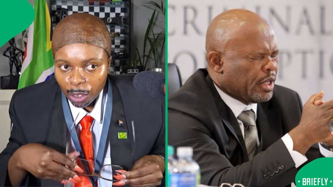 Deputy National Police Commissioner Shadrack Sibiya, dressed in a dark suit, gestured with his hands during a formal meeting or briefing