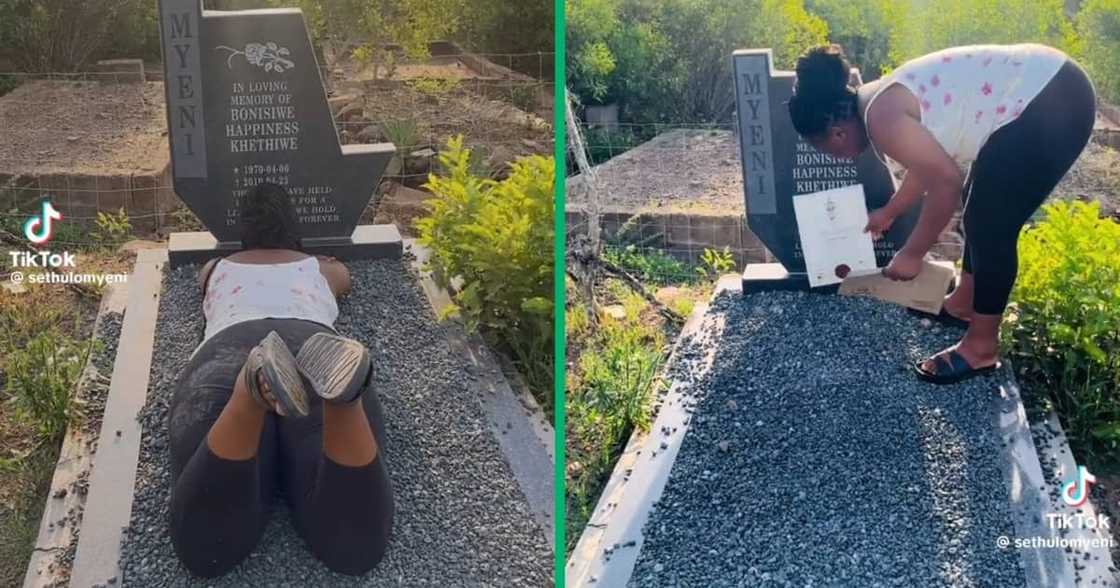 A woman at her mother's gravesite in KZN