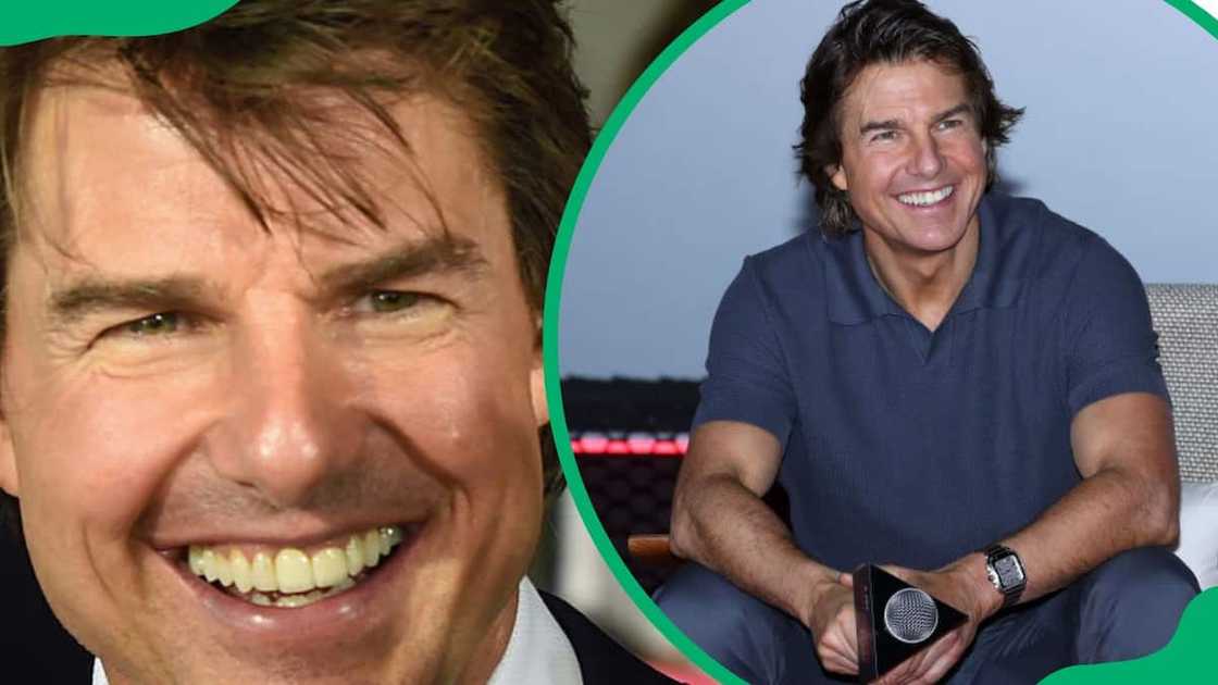 Tom Cruise's discoloured teeth (L). The actor flaunting his beautiful smile (R) Tom Cruise's discoloured teeth (L). The actor flaunting his beautiful smile (R)
